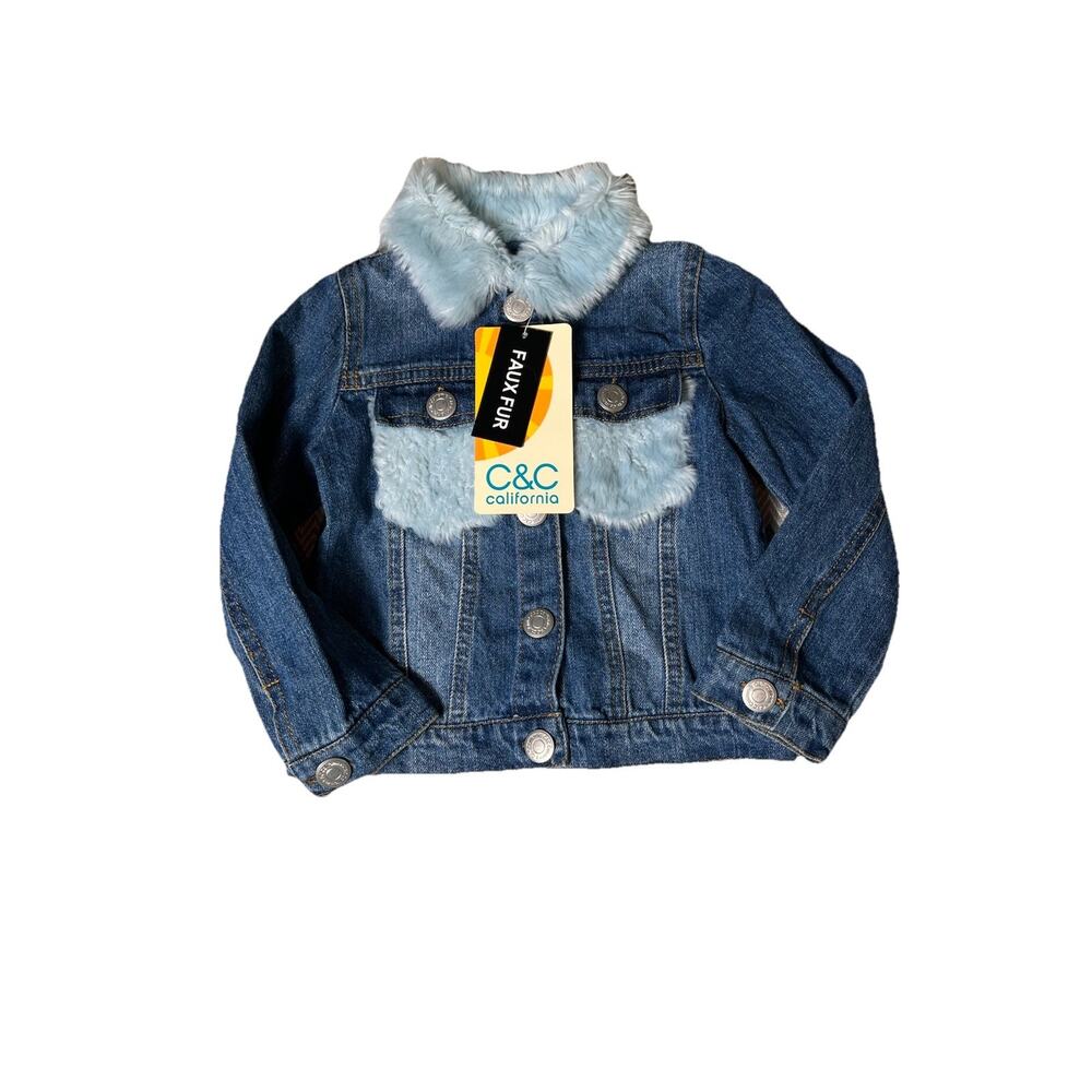 C&C California Girls Denim Jacket with Baby Blue Faux Fur‎ Collar 3T NWT
